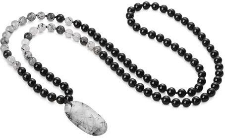 COAI Collana Mala 108 Grani di eQuarzo Rutilato Nero Onice Annodati a Mano, Collana Rosario da Uomo e da Donna per Yoga e Meditazione