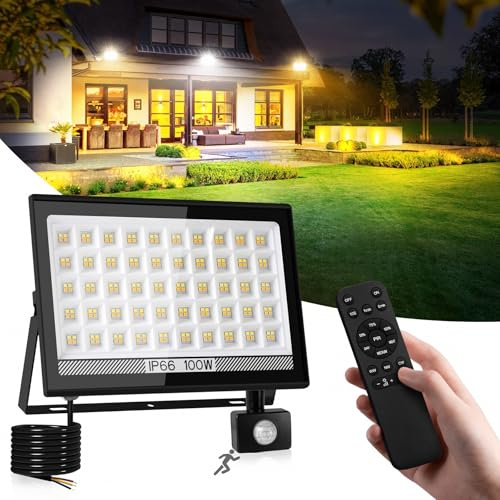 NATPOW LED Spotlight with Motion Sensor, 100 W, Outdoor Security Lights with Remote Control, LED Light with Smart PIR Sensor, 3 Colours Wall Light for Home, Garage, Patio, Terrace Field