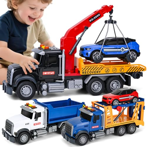 YHXKJ 3 Pack 12'' Large Trucks Toy Set,Transport Tow Truck Toy & Dump Trucks and Car Carrier Truck Toys with Lights and Sounds,Friction Powered Movable Parts Kid Boys Toys for 3 4 5 6 7 Years Old
