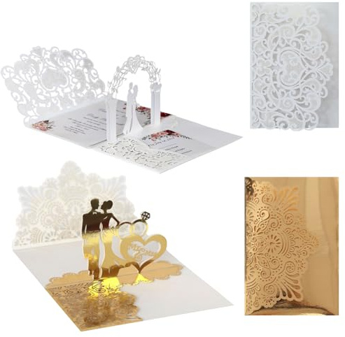 Tarjeta de Felicitación Boda, Tarjeta de Boda Desplegable 3D Pop-up Dorada, Románticas Elegante Tarjeta de Felicitación, invitaciones y regalo de boda para recién casados(Oro y Blanco)