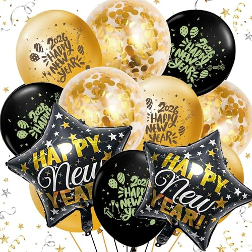 Silvester Deko 2026 Luftballon,18Stück Happy New Year Ballons, 2pcs Foil balloons, Schwarz Gold Latex Helium Luftballons für 2026 Silvester Neujahr Party Dekoration