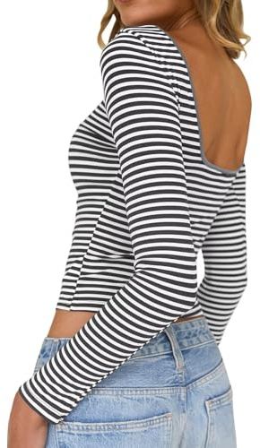 TUUHAW Camiseta Manga Larga Mujer Cuello Barco Básica Top de Espalda Descubierta Ajustada Elástica Camisa Rayas Casual Ligera tee Shirts Túnica Camisas para Otoño Recortada Primavera Gris y Blanco M