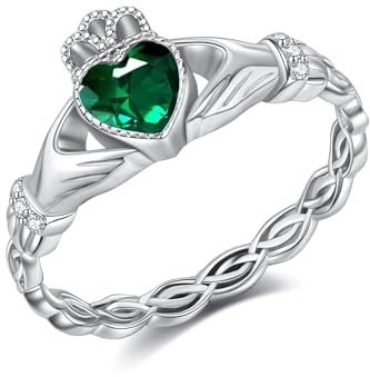 DAYLINLOVE Claddagh - Anillos de plata de ley 925 para mujer, esmeralda, nudo celta, anillo de compromiso, boda, compromiso, joyería irlandesa celta, regalos para mujeres y esposas, 8, Metal, Sin