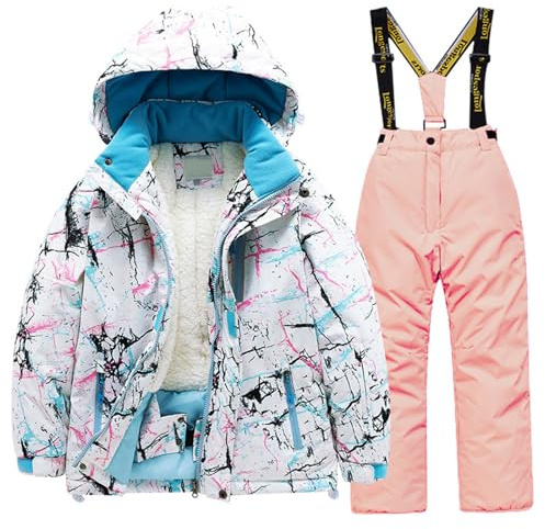 Generisch Chaqueta de esquí forrada de forro polar de invierno 2026 conjunto de pantalones de snowboard impermeables trajes de nieve, Rosa., 6-8 años