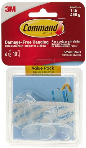 Command Small Wall Hooks, Damage Free Hanging Wall Hooks with Adhesive Strips, No Tools Wall Hooks for Hanging Christmas Decorations, 6 Clear Wall Hooks and 10 Strips