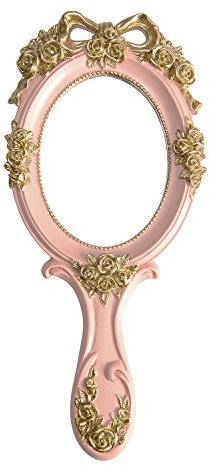 Nerien Handheld Mirror Vanity Makeup Mirror Travel Princess Metal Cosmetic Mirror Portable Oval Embossed Rose Mirrors Decorative Desk Girl Student Vintage Beautiful Handle Mirrors Pink-3