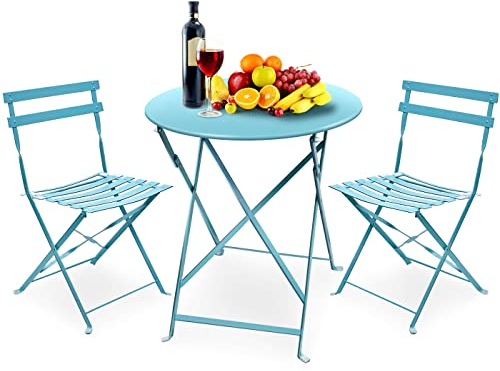 Amagabeli Bistroset 3-teilig Bleu - Bistrotisch mit 2 Stühlen Outdoor - Kappbare Stühle und Tisch aus Robustem Metall - Optimal als Balkonmöbel Set Oder Gartenmöbel in Modernem Design