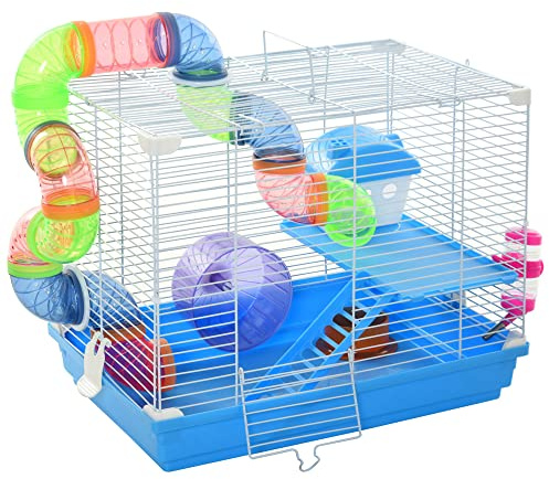 Pawhut 2 Tier Hamster Cage, Gerbil Cage with Handle, Exercise Wheels, Tunnel, Tube, Water Bottle, Dishes, Ladder, for Dwarf, Blue