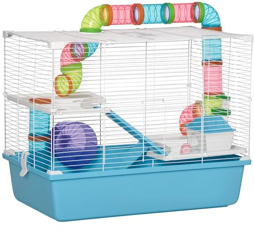 PawHut Gabbia per Criceti a 3 Livelli con Tubi, Casetta, Serbatoio dell'Acqua e Ruota, 59x36x47 cm, Azzurro e Bianco