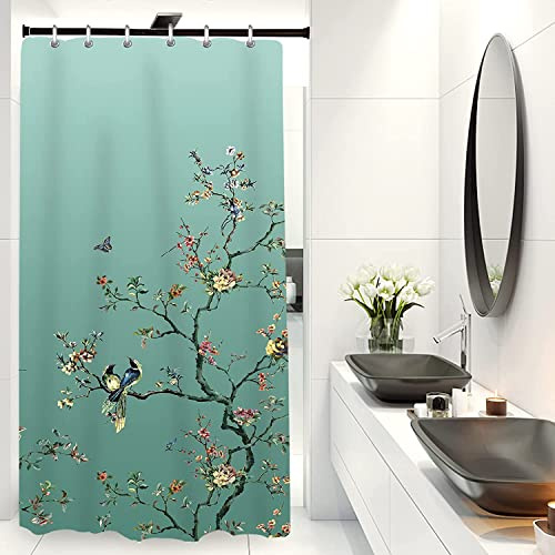 LIVETTY Grön fågel blommig duschdraperi 90 cm × 180 cm mögelsäkert fjärilstyg badrumsdraperi för kvinnor och män med 12 krokar tvättbara snabbtorkande gardiner