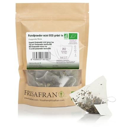 FRISAFRAN | Té Verde Gunpowder Menta Ecológica en Pirámides 30ud | 60g | Antioxidante | té verde japonés | Digestivo | bebida refrescante | Infusión de menta | puro | Hojas de Menta | caliente-frio
