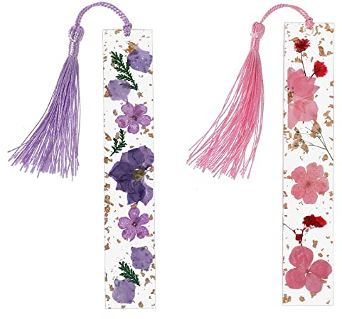 cobee Harz Getrocknete Blumen Lesezeichen, 2 Stück Transparente Gepresste Blumen Lesezeichen Handgemachte Blumenseitenmarkierung mit Quaste Nettes Lesezeichen für Frauen Kinder (Lila + Rot)