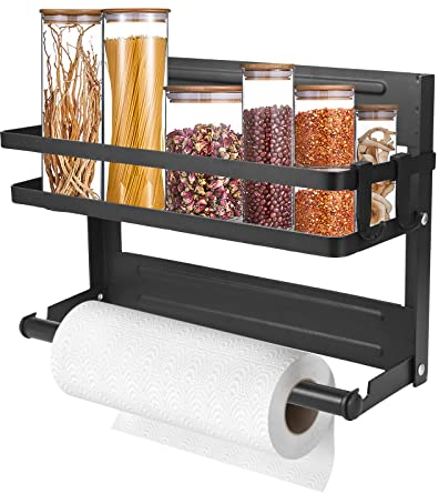 Spice Rack Magnetic Shelf, Foldable Refrigerator Spice Organizer with Paper Towel Holder Roll & 6 Hooks Metal Hanging Spice Storage Stand Wall Mounted No Drilling Seasoning Organizer for Home Kitchen