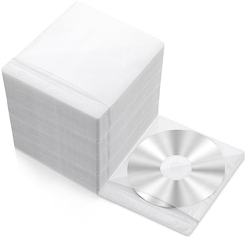 Kanayu 600 Pcs Two-Sided Plastic CD DVD Sleeves White/Black Clear Disc Envelope Non-Scratch Standard Blu-ray Storage Durable Cover Cases with Hole for Blank Storage Binders(White)
