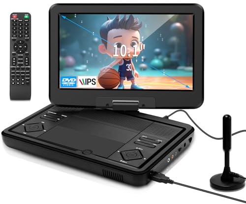 KCR Lettore DVD portatile da 10,1 pollici TV incorporata DVB-T2 con schermo LED girevole e/USB/HDMI/AV, batteria ricaricabile e doppio altoparlante stereo, piccola TV per bambini in auto da viaggio