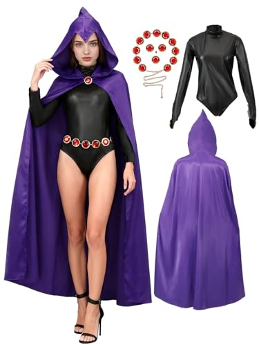 Raven Cosplay-Kostüm für Damen, Deluxe-Overall, violetter Kapuzenumhang mit roten Steinen, Kette für Cosplay, Anzug für Erwachsene, XS