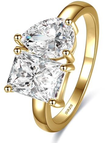 Yaresul 14K Plated Toi Et Moi Ring 925 Sterling Silver Engagement Ring for Women Double Stone Ring Wedding Promise Cubic Zirconia Band Simulated Diamond Rings Size 8