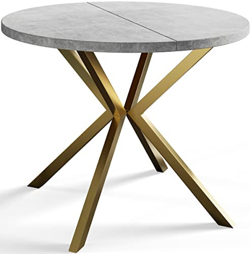 AlpiMeble Runder Esszimmertisch LOFT LITEN, ausziehbarer Tisch Durchmesser: 120 cm/200 cm, Wohnzimmertisch Farbe: Hellgrau, mit Metallbeinen in Farbe Gold