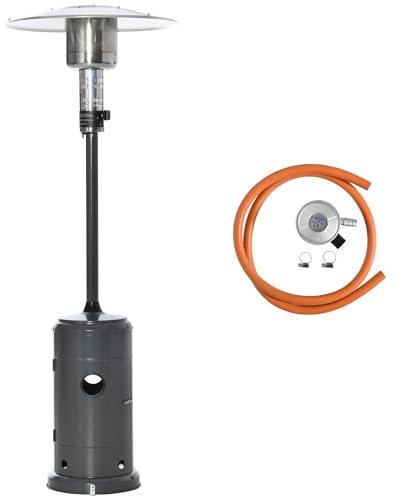 Outsunny Calentador de Patio 12,5KW Estufa de Gas Tipo Sombrilla para Exterior con Cubierta Ruedas y Apagado Automático Ø81,5x225 cm Gris Carbón