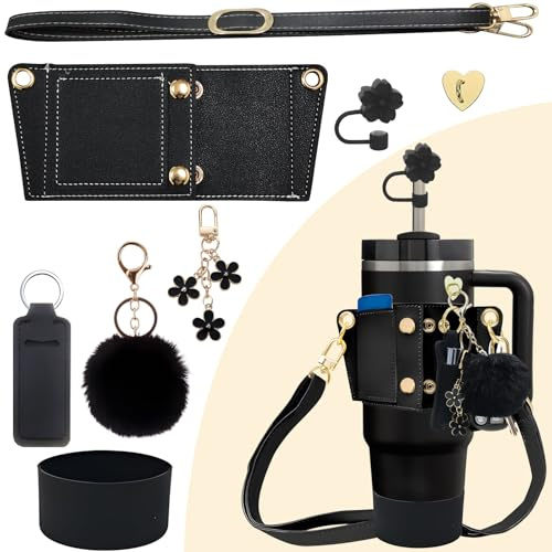 SHEGZHUC 7 pièces Accessoires pour Stanley Cup, bouteille d'eau en cuir avec sangle réglable, couvercle de paille et housse de protection pour 30-40 OZ (880-1180 ml), 4 accessoires pour porte-clés