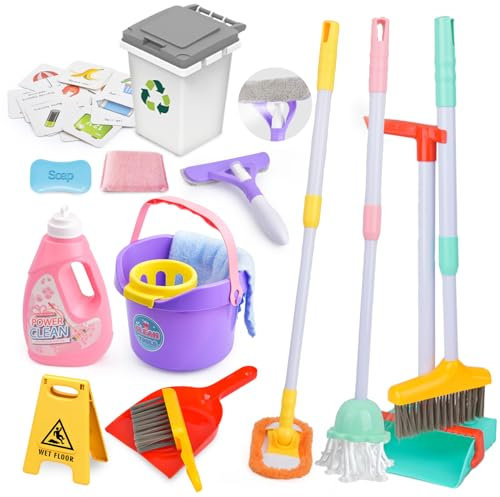 Juego de Limpieza para Niños, 15 Piezas Set de Limpieza para Niñas Desmontables, Juego de simulación Incluye Escoba Recogedor y Cepillo, Kit Limpieza Regalo Juguetes de rol para Niño Niña