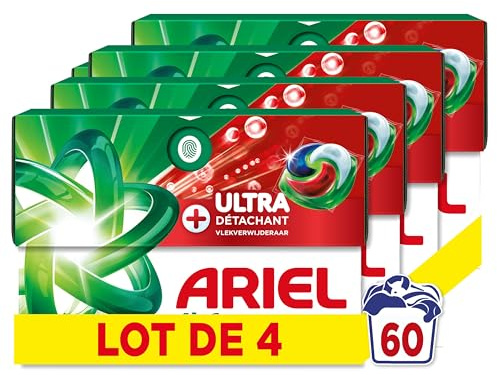 Ariel Pods 4en1 +Ultra Détachant, Lessive en Capsules, 60 Lavages (15x4), Élimine Même les Tâches Incrustées Depuis 7 Jours, Dissolution Rapide Même à Froid, Fabriqué en France