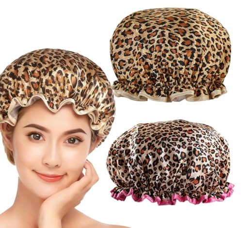 EJRUP 2 Pièces Bonnet de Douche Femme Imperméable et réutilisables，Style Imprimé léopard,avec Bande élastique,Facile à Transporter,pour Cheveux Longs, Courts et Bouclés,Douche SPA Salon
