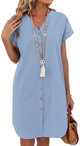 Zeagoo Vestido Mujer Verano Manga Corta Vestidos de Lino Casual Cuello en V Playa Vestido Cortos Camisero Vestidos con Bolsillos S-XXL