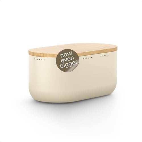 LARS NYSØM Portapane in metallo I Portapane per freschezza duratura con piedini antiscivolo I Coperchio in bambù adatto come tagliere | 34,5x18,5x15,8cm (Almond Beige)