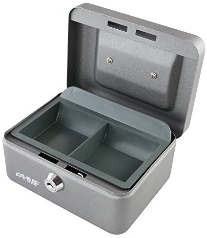 HMF Geldkassette abschließbar, Kasse mit Münzeinsatz, 6 Münzfächer | 15 x 12 x 8 cm | Silber