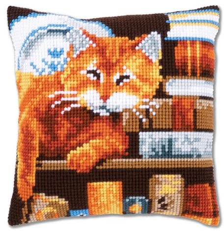 VERVACO Kit Cuscino Punto Croce Gatto E Libri Set Ricamo Principianti Cuscini Gobelin Decorativi ca. 40 x 40 cm Accessori per Lavoretti Creativi DIY Casa Decor Hobby Adulti Cross Stitch
