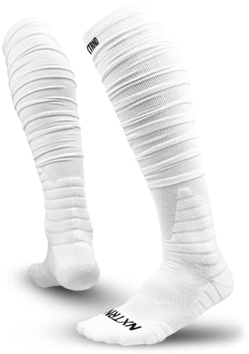 Nxtrnd XTD Scrunch Fußballsocken, extra lange gepolsterte Sportsocken für Herren und Jungen, Weiss/opulenter Garten, Large