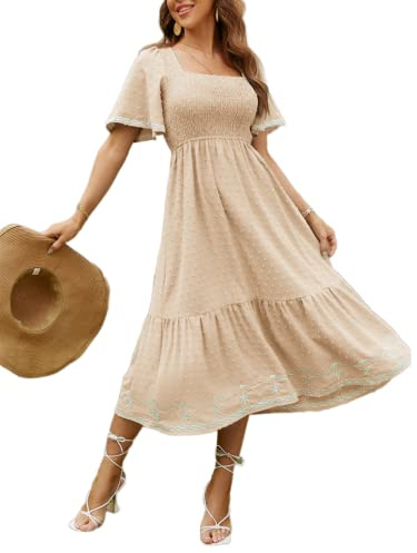 Glamaker Women's Short Sleeve Smocked Square Neck A Line Summer Flowy Midi Dress