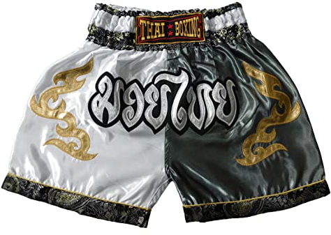 weiß grau Sportliche Junior Short für Muay Thai Boxen - Ideale Kickboxen Hose für Jungen und Mädchen (Kinder)- Perfekt für Gym, Sport und Fitness (as3, Age, 6_Years, 8_Years, Regular)