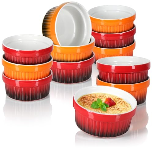 com-four® 12x Ragout Fin Schale - Ofenfeste Förmchen in rot und orange - Creme Brulee Schälchen - Dessertschale mit je 250 ml - spülmaschinengeeignet