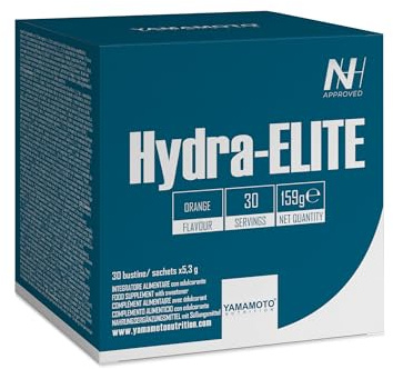 YAMAMOTO NUTRITION Hydra-ELITE 30 Bustine, Integratore Alimentare Idratante con Acqua di Cocco, Estratti Vegetali, L-Alanil L-Glutammina, Sali Minerali e Taurina, per il Post-Workout, Gusto Arancia