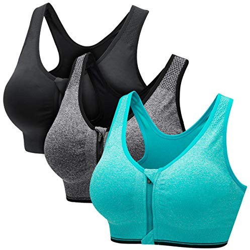 CARETOO Women's Sports Bra Front Zip Wireless Bras Shock Absorber Sports Bra, Stress Training Yoga Bustier with Removable Pads for Running Gym Fitness (Black & Grey & Green, M)