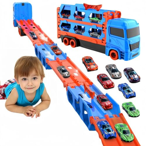 Bearbao Toddler Boy Toys for 2 3 4 5 6 Years Old Boys, 65 Inches Race Track for Boys Kids Die-Cast Transport Truck Car Toy, Toddler Car Toys Set for Kids Boy