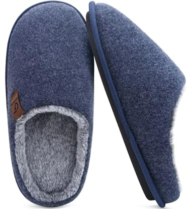 COFACE Mens Warm House Slippers Cozy Memory Foam Scuff Slippers Slip On Lightweight Felt Bedroom Shoes With Indoor Outdoor Rubber Sole, Dark Blue Size 12