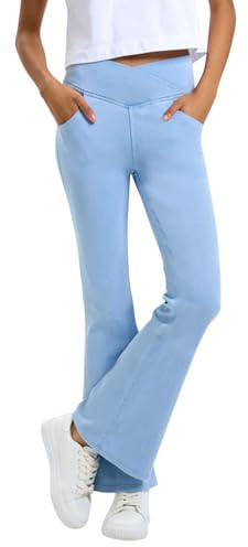 semen Womens Crossover High Waisted Stretchy Bell Bottom Jeans Pull On Tummy Control Flared Leggings Bootcut Denim Yoga Pants with Pockets