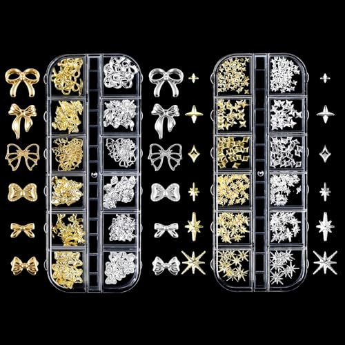 cobee 2 lådor blanda nagelberlocker, metall guld silver nagel ädelstenar dekoration stjärna rosetter 3D nageldekorationer för nageldesign tillbehör