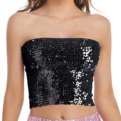 Bandeau - Top da donna con paillette, sexy, senza spalline, con brillantini, senza maniche, Y2k, slim fit, crop, top per feste, alla moda, camis, gilet per carnevale, Nero , Taglia unica