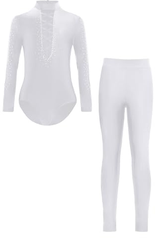 dPois Ensemble Justaucorps Gymnastique pour Garçon Enfant avec Legging Gym Tenue Danse Latine Patinage Strass Blanc 15-16 ans