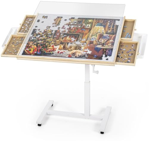 ROPODA Mesa Puzzle de 1500 Piezas, Tablero de Rompecabezas con Ajuste de Ángulo y Altura, Mesa de Rompecabezas con Seis Cajones, Tapa y Cuatro Ruedas, Puzzle Table con Pedestal Único, 89 x 68 cm