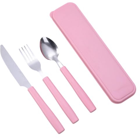 VAEIORP Juego de Cubiertos de Camping de 3 Piezas Acero Inoxidable con Estuche de Almacenamiento Cubiertos Portátiles para Exterior, Viajes, Trabajo y Escuela (rosa)