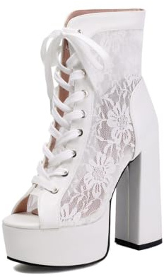 Genérico Botines De Encaje Floral con Punta Abierta Mujer Plataforma Cordones Tacón Alto Ancho Zapatos Tacón Verano Elegantes Fiesta Boda Moda