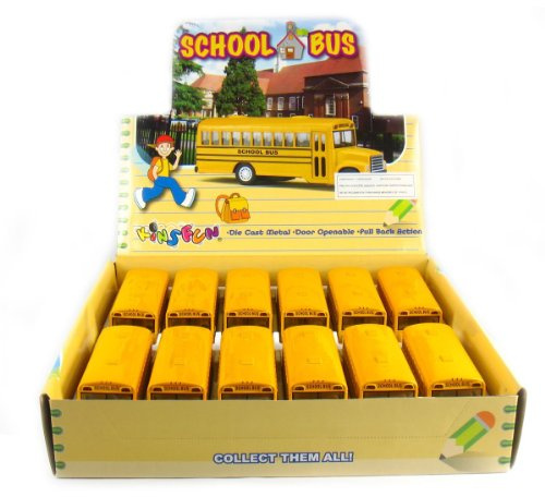 KiNSFUN Classic Long Nose School Bus 5 Die Cast Metal w/ Pull Back Action 12 Pack