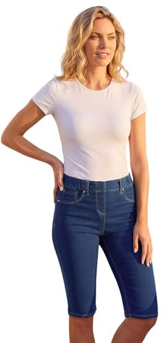 Roman Knee Length Jeggings for Women Ladies Stretch Denim Shorts Jeans Cropped Trouser Capri Pants Summer Cotton Legging Pedal Pusher Legged Crop Spring Cutoff Work - Indigo - Size 14