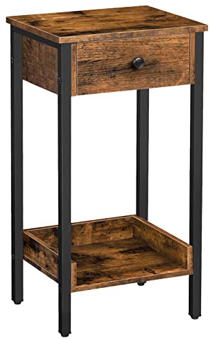 HOOBRO Tall End Table, Nightstand, Industrial Side Table with Drawer and Storage Shelf, for Study, Bedroom, Space Saving, Rustic Brown and Black BF71BZ01