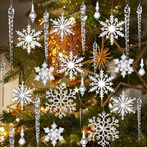 CCINEE 85PCS Clear Acrylic Christmas Snowflake Icicles Hanging Drop Ornaments with 32.8 Yards Silver Cords Xmas Snowflake Icicle Decorations Set for Christmas Tree Decorations New Year Party Favors